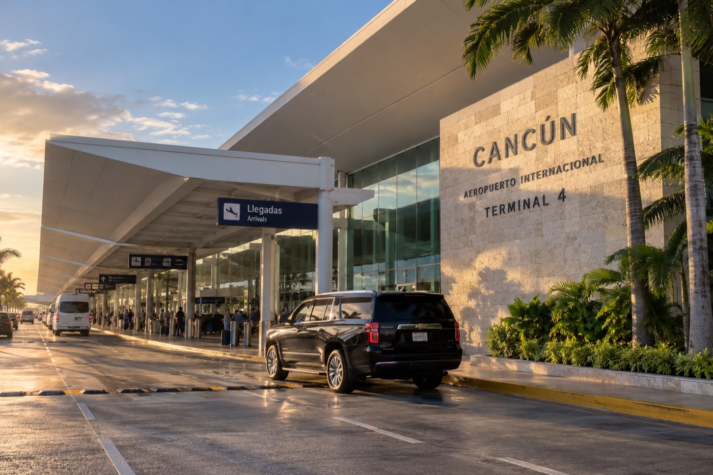 Arrivals curb at Cancún airport Terminal 4 at sunset