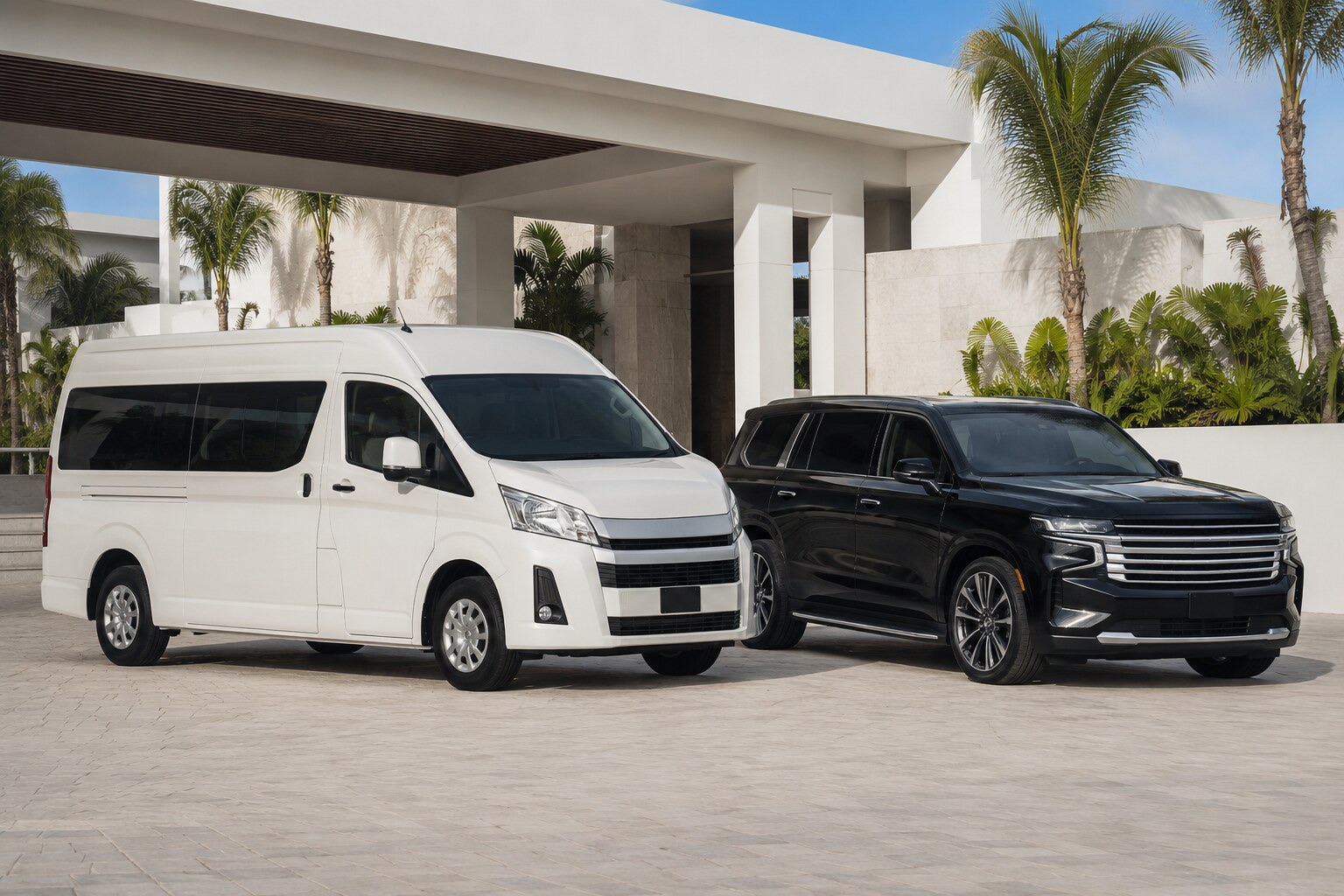 Van blanca y Suburban negra de Blue Dreams DMC bajo el pórtico de entrada de un hotel