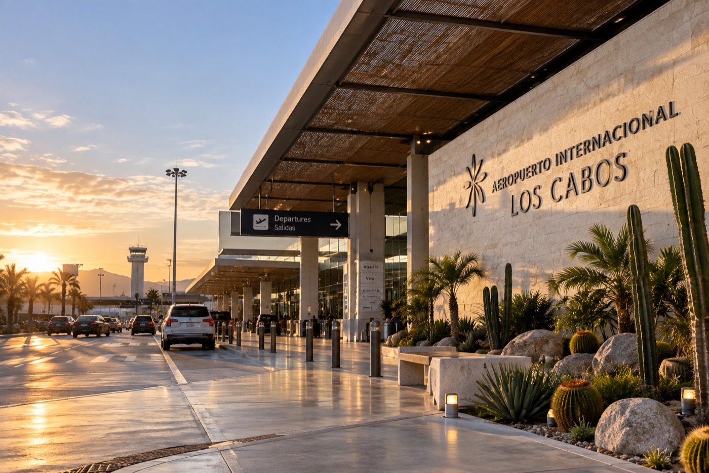Acceso de la terminal del aeropuerto de Los Cabos al atardecer, con palmeras y cactus a la entrada