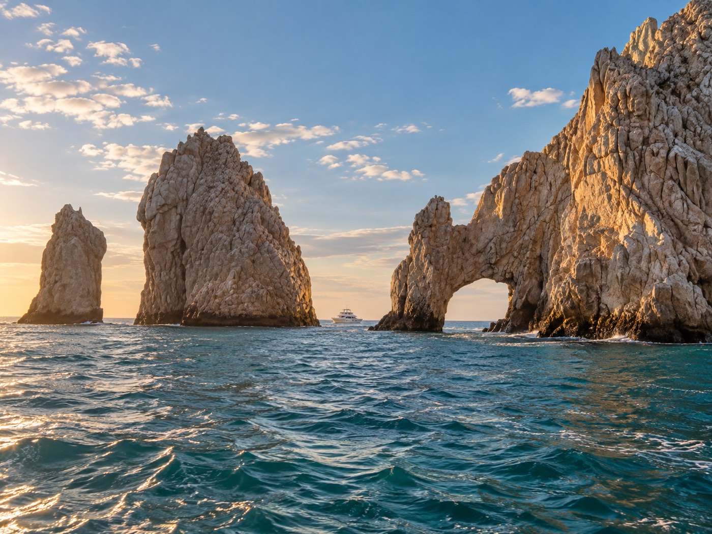 Yate navegando junto al Arco de Cabo San Lucas al atardecer, entre las formaciones rocosas de Land's End