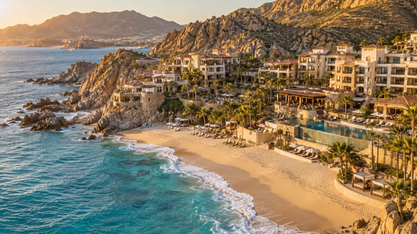 Playa de arena dorada entre rocas en el Corredor Turístico de Los Cabos